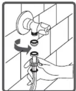 Illustration of a hand adjusting a wall-mounted pipe fitting with a valve, showing mechanical components and a circular motion indicator (no text or symbols)