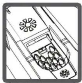 Technical line drawing of a cabinet or appliance with internal compartments and fan-shaped elements (no text or symbols)