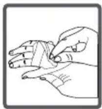Line drawing of a hand holding a piece of paper or tape (no text or symbols)