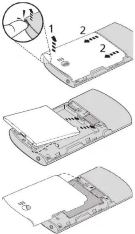 Technical diagram showing three-step assembly of a device with labeled parts and directional arrows indicating movement.