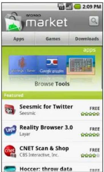 2:09 PM android market Apps Games Downloads apps images - tuner Google Reasoners Browse Tools Featured Seismic for Twitter Seismic FREE Layar Reality Browser 3.0 Layar FREE CNET Scan & Shop CBS Interactive, Inc. FREE Hoccer: throw data