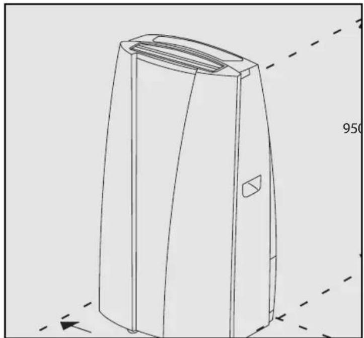 Line drawing of a portable air conditioner unit with ventilation slots and a door, shown without any text or symbols.
