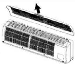 Diagram of an air conditioner unit with cooling fins and a lid, showing airflow direction (no text or symbols)