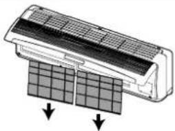 Diagram of a car air conditioner unit with grid airflow arrows (no text or symbols)