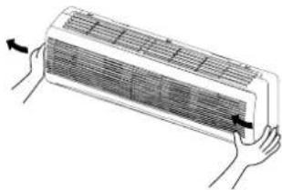Illustration of two hands holding a large air conditioner cover (no text or symbols visible)