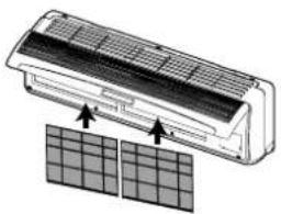Diagram of an air conditioner unit with two panels, showing airflow direction (no text or symbols)