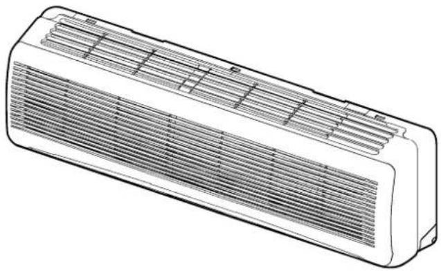 Line drawing of a rectangular air conditioner unit with ventilation grilles (no text or symbols)
