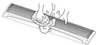 Illustration of a hand using a tool to clean or store items on a striped surface (no text or symbols)