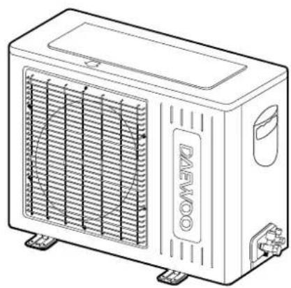 Line drawing of a Dnevoo air conditioner unit with cooling fins and ventilation slots (no text or symbols)