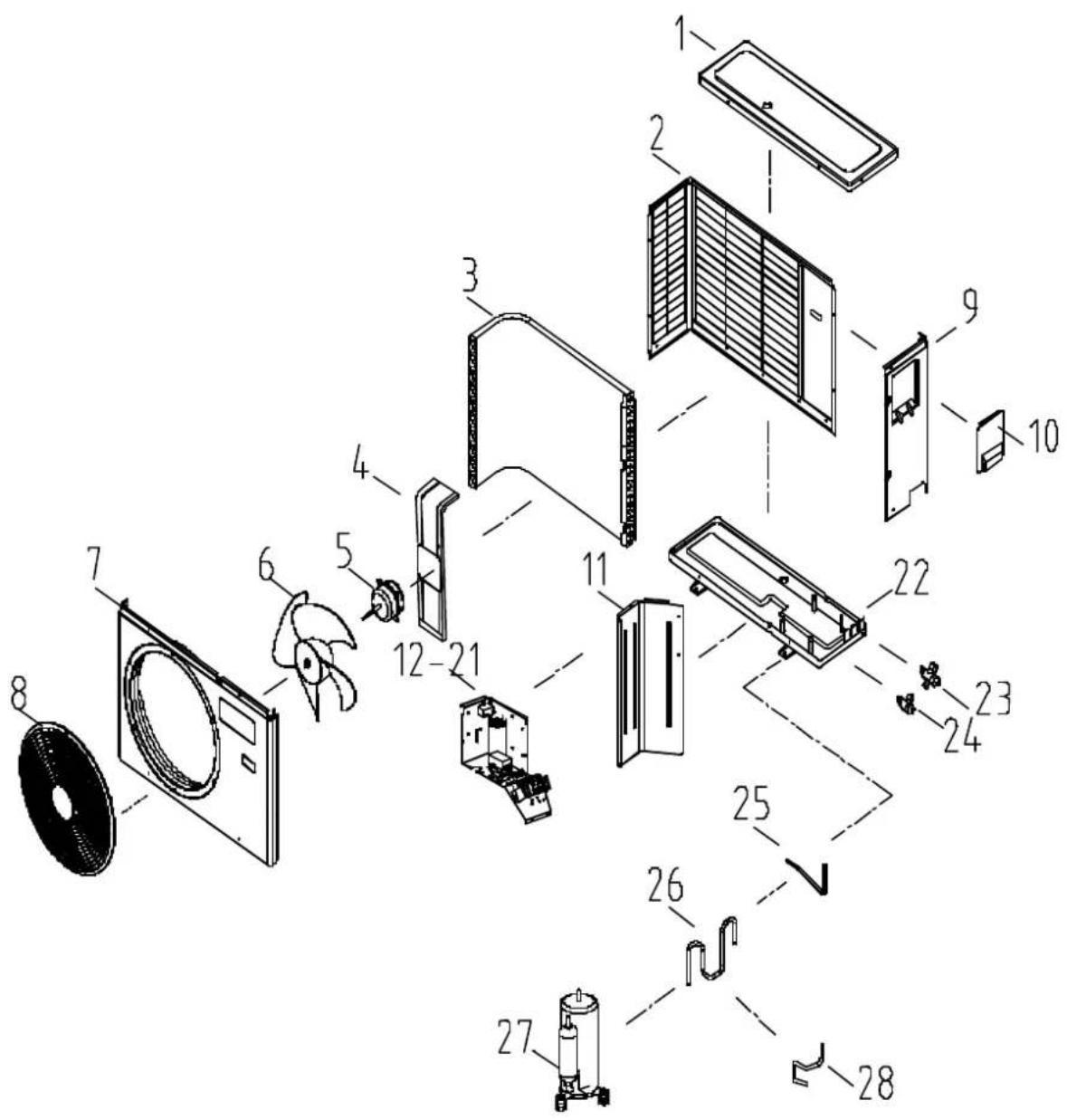 Exploded view diagram of a household air conditioner unit with numbered parts for identification
