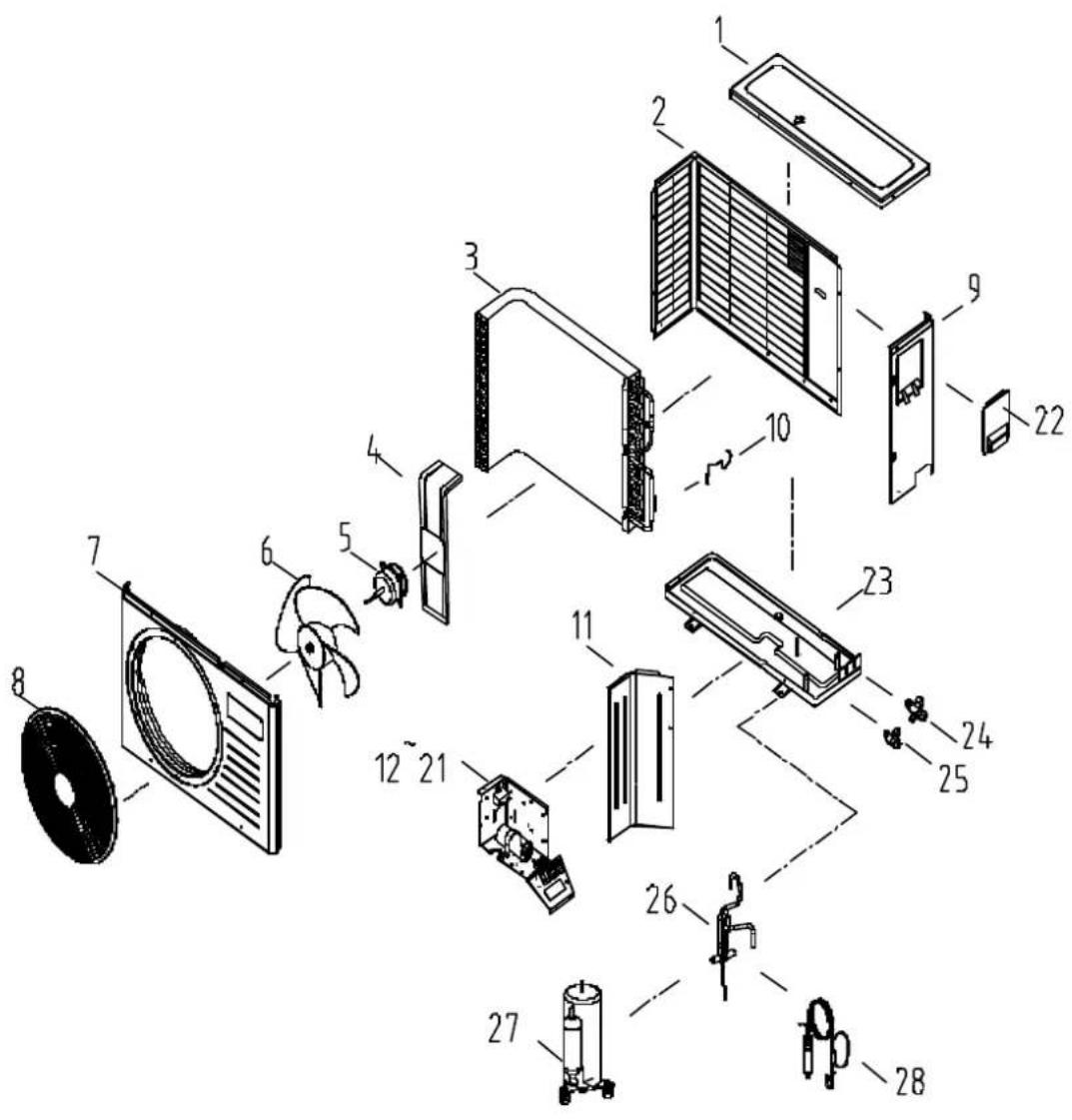 Exploded view diagram of a household air conditioner unit with numbered parts for identification