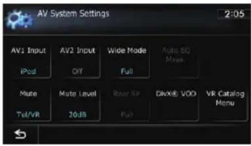 AV System Settings 2:05 AV1 Input AV2 Input Wide Mode Auto SQ iPod Off Full Mate Multi Level Rear SP DivX® VDD VR Catalog Tel/VR 20dB Full VM