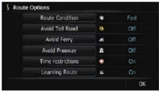 Route Options Route Condition Fast Avoid Toll Road Off Avoid Ferry Off Avoid Freeway Off Time restrictions On Learning Route On OK