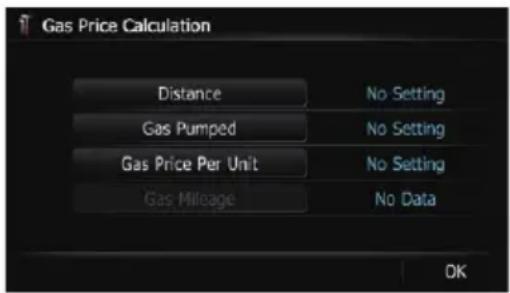 Gas Price Calculation Distance No Setting Gas Pumped No Setting Gas Price Per Unit No Setting Gas Mileage No Data OK