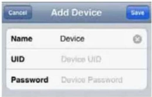 Cancel Add Device Save Name Device UID Device UID Password Device Password