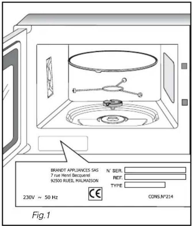 BRANDT APPLIANCES SAS 7 rue Henri Becquerel 92500 RUEIL MALMAISON N° SER. REF. TYPE 230V ~ 50 Hz CE CONS.N°214 Fig.1