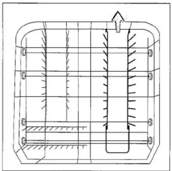 Cross-sectional diagram of a cylindrical tank with internal channels and an upward arrow indicating flow or pressure direction (no text or symbols)