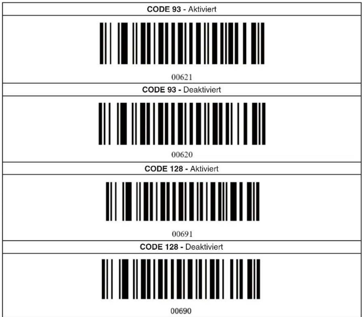 CODE 93 - Aktiviert 00621 CODE 93 - Deaktiviert 00620 CODE 128 - Aktiviert 00691 CODE 128 - Deaktiviert 00690