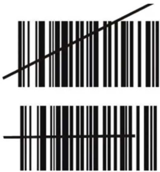Image showing two vertical barcode bars with a diagonal line above and a horizontal line below, likely indicating a measurement or calibration concept.