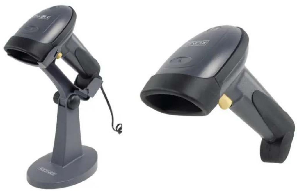 Two black barcode scanner devices, one standing and one upright, shown against a white background (no text or symbols visible)