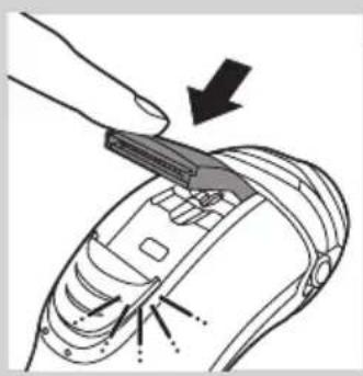 Diagram of a hand using a tool to adjust or install a device component, with arrows indicating the process (no text or symbols present)