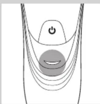 Diagram of a curved mechanical or electrical component with a power button and a circular component, no text or symbols present.