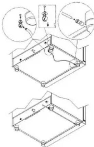 Technical diagram showing two views of a mechanical assembly with labeled components and hand connections