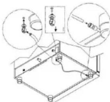 Technical diagram showing mechanical assembly with labeled components and magnified views of connection details
