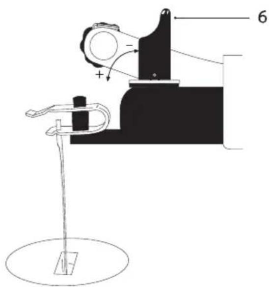 Technical diagram of a mechanical device with labeled parts and directional arrows indicating motion or force