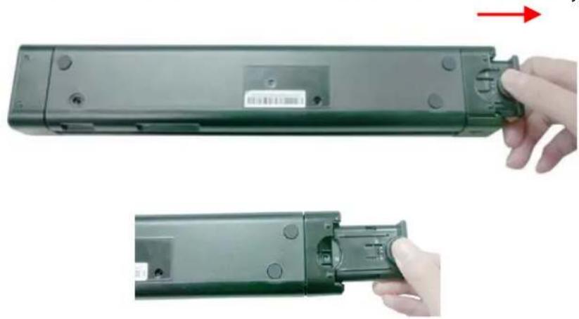 Two views of a green remote control device being adjusted for a hand, showing internal components and battery casing (no text or symbols visible)