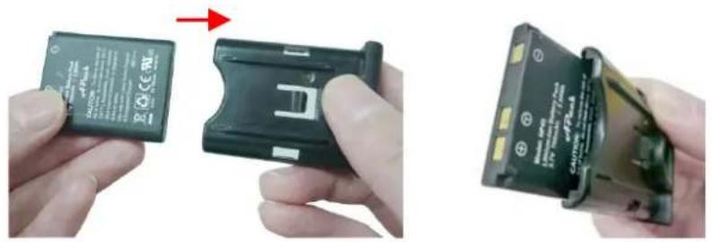 Two-step photo showing a battery card being held, with one being open and the other holding a partially open battery pack (no visible text or symbols)