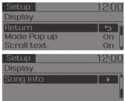 Setup 12:00 Display Return Mode Pop up On Scroll text On Setup 12:00 Display Song Info