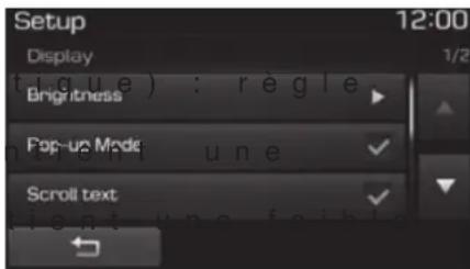 Setup 12:00 Display 1/2 Lique) : règle Brigritness Pop-up Mode une Scroll text ient une faible
