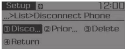 Setup 12:00 ...>List>Disconnect Phone ①Disco... ②Prior... ③Delete ④Return