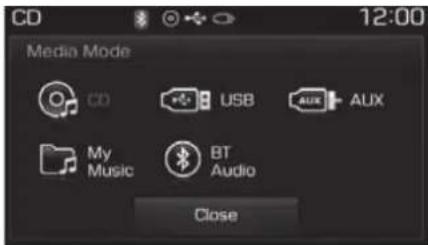 CD 12:00 Media Mode CD USB AUX AUX My Music BT Audio Close
