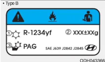 • Type B ① R-1234yf ② XXX±XXg ③ PAG SAE J639 J2842 J2845 ODH043366