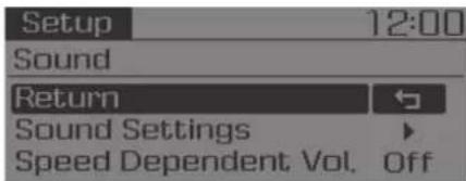 Setup 12:00 Sound Return Sound Settings Speed Dependent Vol. Off