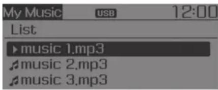 My Music USB 12:00 List ►music 1.mp3 ►music 2.mp3 ►music 3.mp3