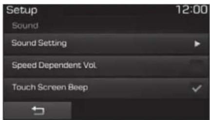 Setup 12:00 Sound Sound Setting Speed Dependent Vol Touch Screen Beep