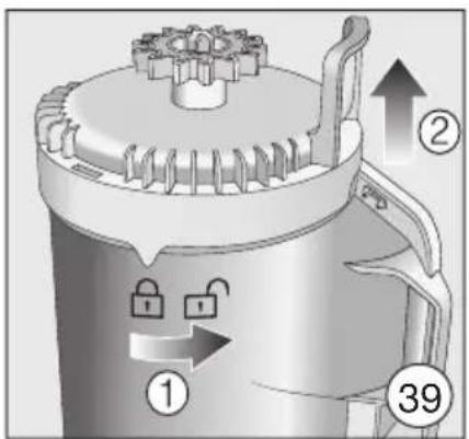 Technical diagram of a mechanical device with numbered parts and directional arrows indicating process flow or assembly.