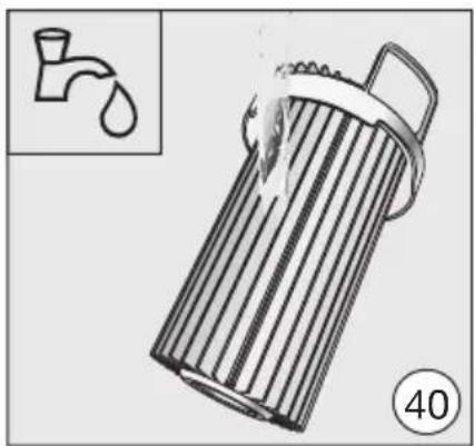 Illustration of a trash can with water being poured into it, accompanied by an inset showing a faucet (no text or symbols).