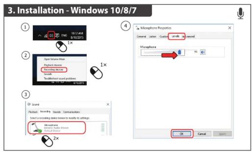 3. Installation - Windows 10/8/7 ① ② ③ ④ Microphone Proportions General Language Custom words Macphone OK Cancel Scand Recording Audio Communication Select a recording device to modify its settings. Microphone Direct Audio Device Selected Audio 2x