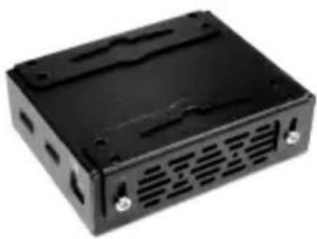 Black rectangular electronic device casing with ventilation slots and mounting holes (no visible text or symbols)