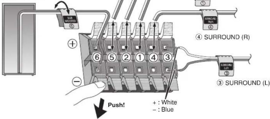 SUB WOCFFER ⑤ ④ SURROUND (R) ③ SURROUND (L) ④ SURROUND (R) ③ SURROUND (L) Push! + : White - : Blue