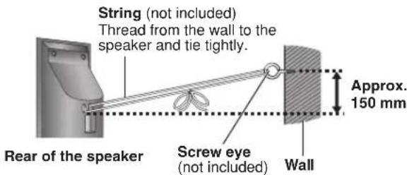 String (not included) Thread from the wall to the speaker and tie tightly. Rear of the speaker Screw eye (not included) Wall Approx. 150 mm