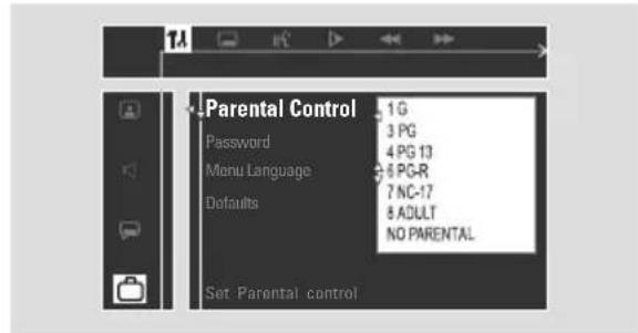 Parental Control Password Menu Language Defaults Set Parental control 1G 3 PG 4 PG 13 6 PG-R 7 NC-17 8 ADULT NO PARENTAL