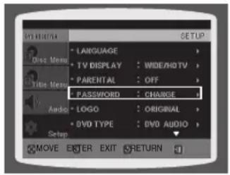SYNC/RAW SETUP • LANGUAGE • TV DISPLAY : WIDE/HDTV • PARENTAL : OFF • PASSWORD : CHANGE Audio: LOGO : ORIGINAL • DVD TYPE : DVD AUDIO Setup MOVE EXIT RETURN