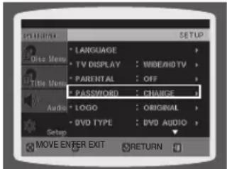 OPTIONAL • LANGUAGE • TV DISPLAY : WIDE/HD TV • PARENTAL : OFF • PASSWORD : CHANGE Audio: LOGO : ORIGINAL • DVD TYPE : DVD AUDIO SETON MOVE ENTER EXIT RETURN