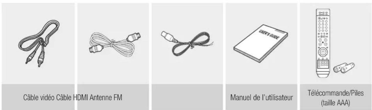 Câble vidéo Câble HDMI Antenne FM Manuel de l'utilisateur Télécommande/Piles (taille AAA)