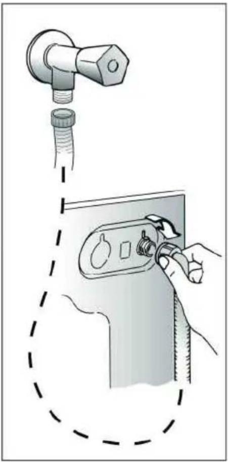 Diagram showing a hand operating a cleaning or cleaning device with a valve and handle, including a dashed outline indicating the process.
